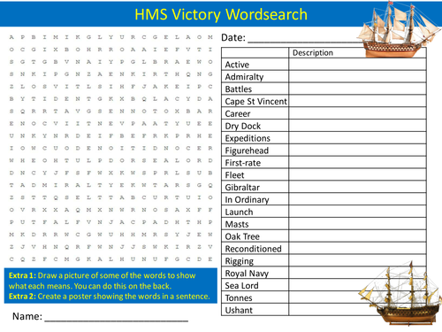 HMS Victory Wordsearch History Literacy Starter Activity Homework Cover Lesson Plenary