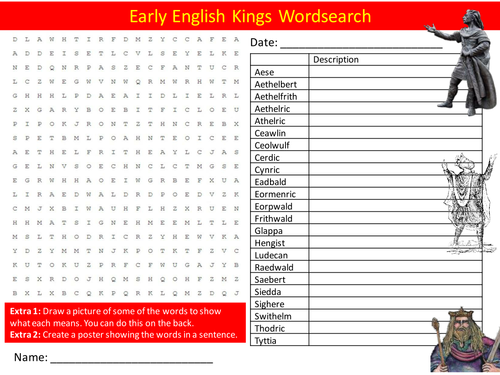 Early English Kings Wordsearch History Literacy Starter Activity Homework Cover Lesson Plenary