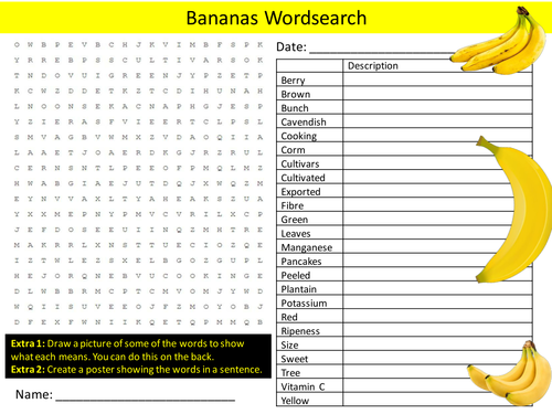 Bananas Wordsearch Food Technology Literacy Starter Activity Homework Cover Lesson Plenary