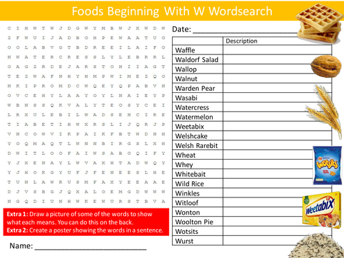 Foods Beginning with W Wordsearch Food Technology Literacy Starter Activity Homework Cover Plenary