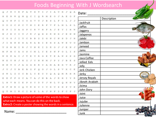 Foods Beginning with J Wordsearch Food Technology Literacy Starter Activity Homework Cover Plenary