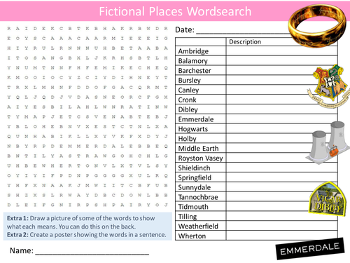 Fictional Places Wordsearch English Language Literacy Starter Activity Homework Cover Lesson Plenary