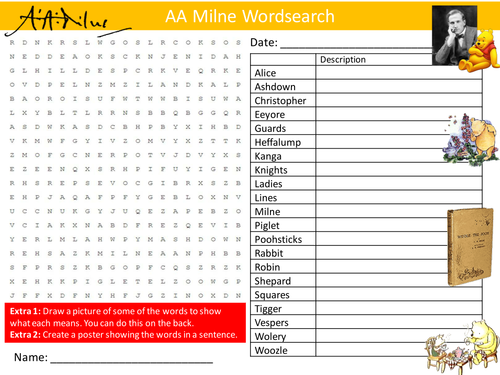 Author AA Milne Wordsearch English Language Literacy Starter Activity Homework Cover Lesson Plenary