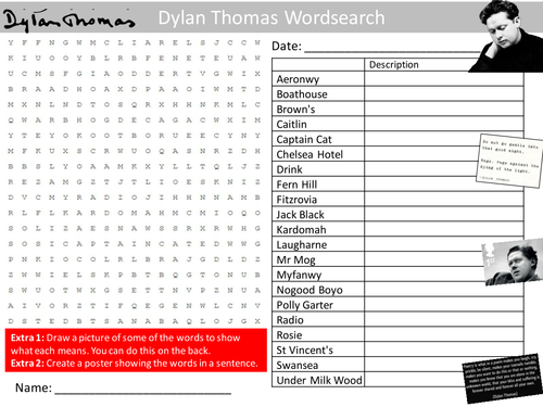 Dylan Thomas Wordsearch Author English Literacy Starter Activity Homework Cover Lesson Plenary