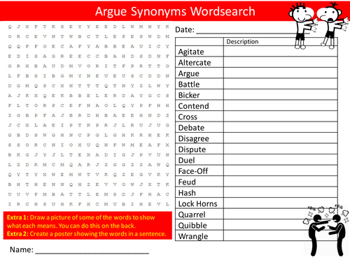 Argue Synonyms Wordsearch English Language Literacy Starter Activity Homework Cover Lesson Plenary