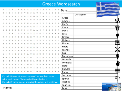 Greece Wordsearch Country Geography Literacy Starter Activity Homework Cover Lesson Plenary