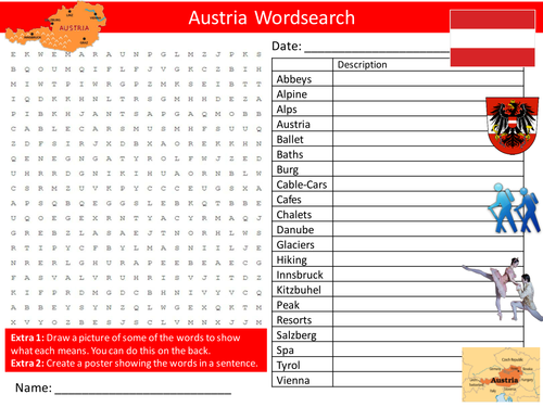 Austria Wordsearch Country Geography Literacy Starter Activity Homework Cover Lesson Plenary