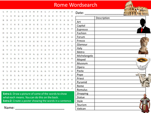Rome City Wordsearch Geography Literacy Starter Activity Homework Cover Lesson Plenary