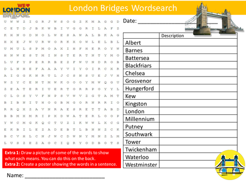 London Bridges Wordsearch City Geography Literacy Starter Activity Homework Cover Lesson Plenary