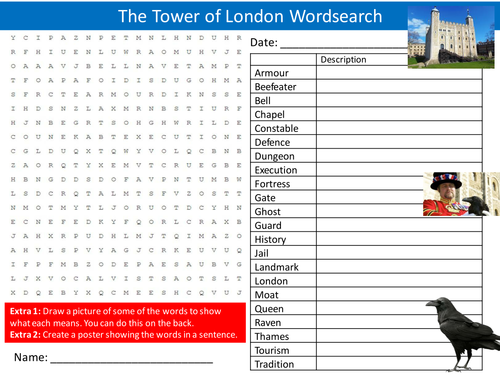 The Tower of London Wordsearch Geography Literacy Starter Activity Homework Cover Lesson Plenary