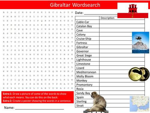 Gibralatar Wordsearch Geography Literacy Starter Activity Homework Cover Lesson Plenary