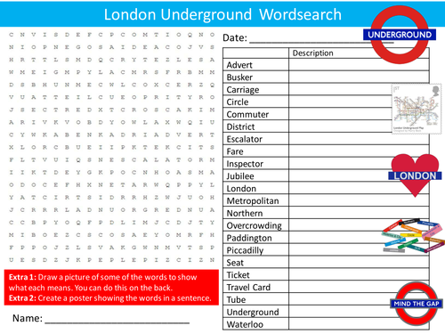 London Underground Wordsearch Geography Literacy Starter Activity Homework Cover Lesson Plenaryn