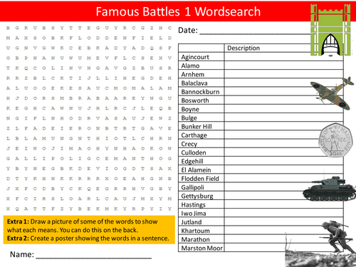 Famous Battles 1 Wordsearch History Literacy Starter Activity Homework Cover Lesson Plenary