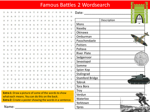 Famous Battles 2 Wordsearch History Literacy Starter Activity Homework Cover Lesson Plenary