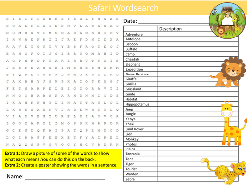 Safari Wordsearch Holidays Starter Activity Homework Cover Lesson Plenary