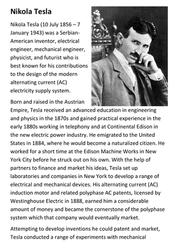 Nikola Tesla Handout | Teaching Resources