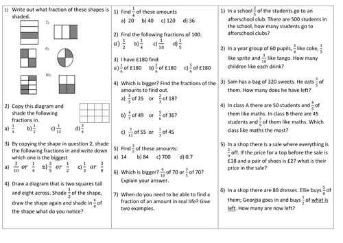 fractions of an amount differentiated worksheet teaching resources