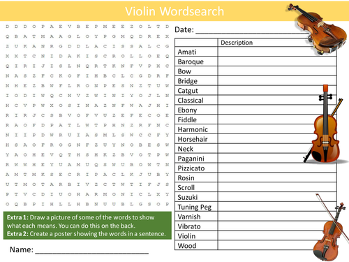 Violin Wordsearch Musical Instrument Music Starter Activity Homework Cover Lesson Plenary