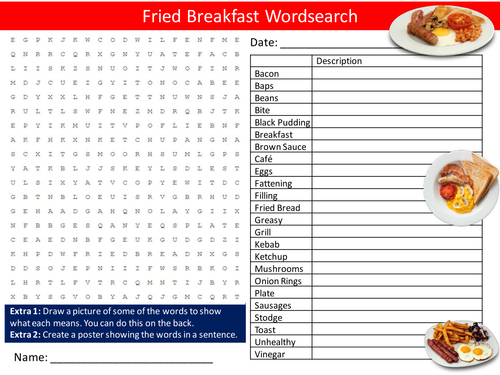 Fried Breakfast Wordsearch Food Technology Starter Activity Homework Cover Lesson Plenary