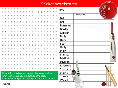 Cricket Wordsearch PE Sports Starter Activity Homework Cover Lesson Plenary