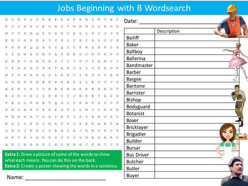 Jobs Beginning with B Wordsearch Careers Starter Activity Homework Cover Lesson Plenary