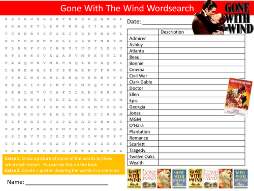 Gone With The Wind Wordsearch Novel Movies English Starter Activity Homework Cover Lesson Plenary