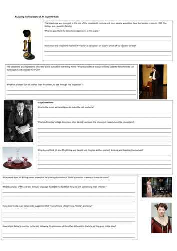 An Inspector Calls: Worksheet on the analysis of the final scene