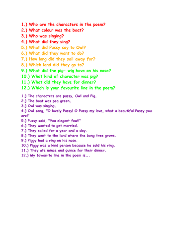 The Owl and the Pussycat  comprehension differentiated