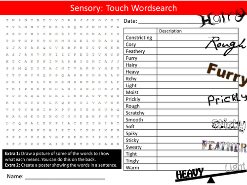 Sensory Touch Words Wordsearch Senses Feelings Starter Activity Homework Cover Lesson Plenary