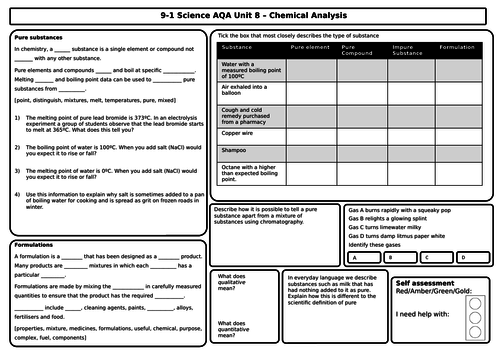 AQA Chemistry GCSE - Revision Mats/Grids for Unit 8 chemical analysis, flames, purity, spectra PPTX