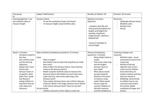 Year One Dinosaur Length Lesson