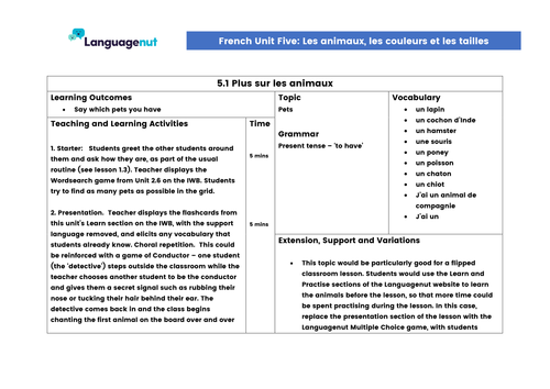 Languagenut Lesson Plans & Resources - French - Unit 5 - Animals, colours and sizes