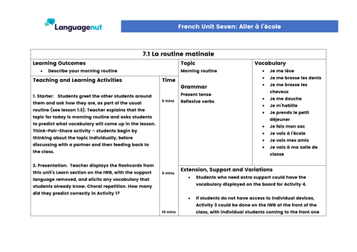 Languagenut Lesson Plans & Resources - French - Unit 7 - Going to school