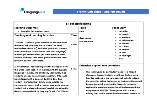 Languagenut Lesson Plans & Resources - French - Unit 8 - Going to work
