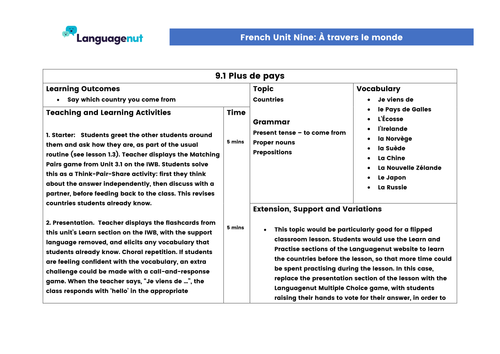 Languagenut Lesson Plans & Resources - French - Unit 9 - Around the world