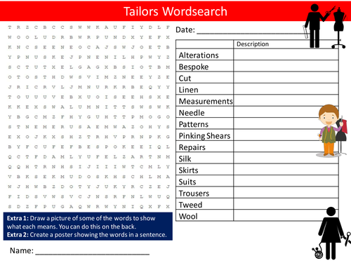 Tailors Wordsearch Textiles Careers Starter Activity Homework Cover Lesson Plenary