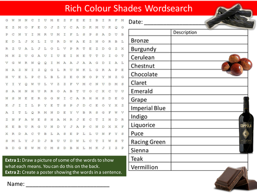 Rich Colour Shades Wordsearch Art & Design Starter Activity Homework Cover Lesson Plenary