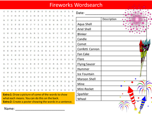 Fireworks Wordsearch Bonfire Night Guy Fawkes Starter Activity Homework 