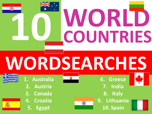 10 x Countries Wordsearch Geography Starter Activity Homework Cover Lesson Plenary