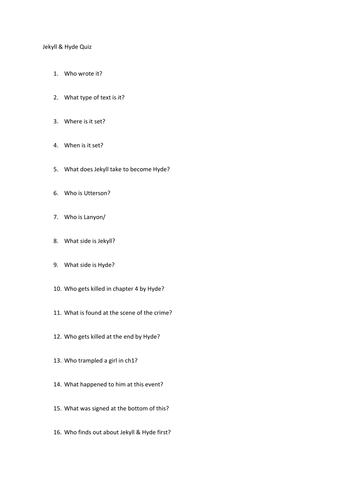 Jekyll & Hyde Quiz- Low ability