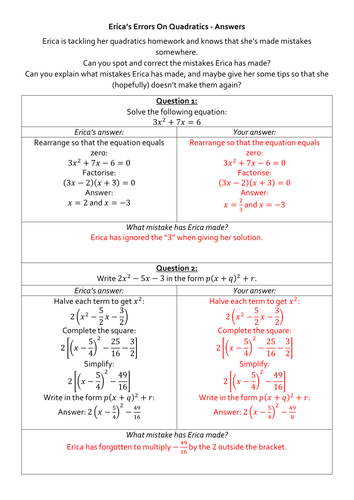 Erica's Errors On Quadratics