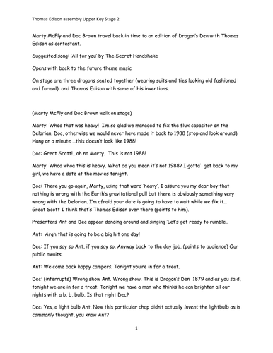 Thomas Edison motivational Science class assembly script