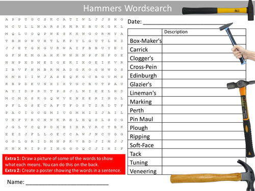 Hammers Wordsearch Design Technology Tools Starter Activity Homework Cover Lesson Plenary