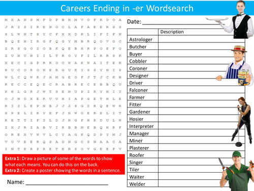 Careers Ending in ER Wordsearch Jobs Starter Activity Homework Cover Lesson Plenary