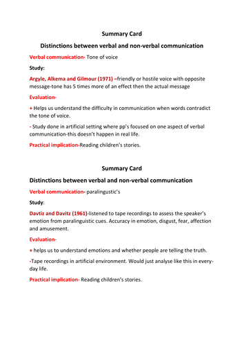 Non verbal communication summary cards