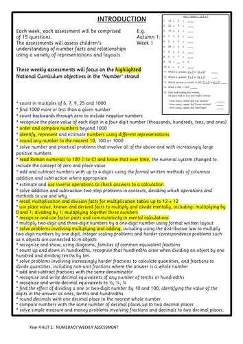 YEAR 4 WEEKLY MATHS ASSESSMENTS