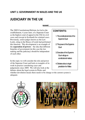 WJEC AS Level Government and Politics Unit 1 The Judiciary in the UK