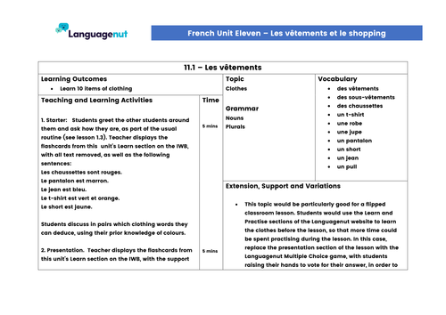 Languagenut Lesson Plans & Resources - Unit 11 - Clothes and Shopping