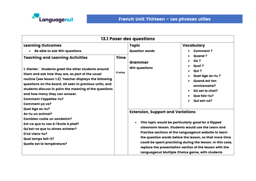 Languagenut Lesson Plans & Resources - French - Unit 13 - Useful Phrases