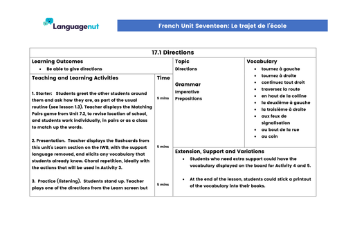 Languagenut Lesson Plans & Resources - French - Unit 17 - On the way to school